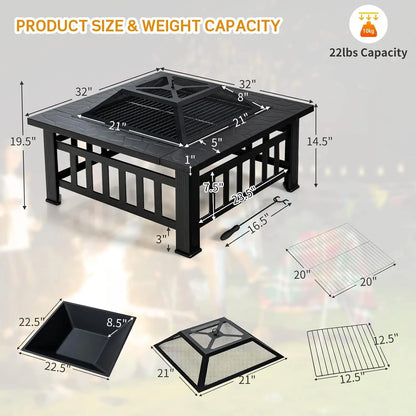 Outdoor Fire Pit Table Square Steel Fireplace With Spark Screen Log Grate BBQ Grill Poker Rain Cover Wood Burning Stove For Backyard Camping Patio Garden Bonfire Party Black