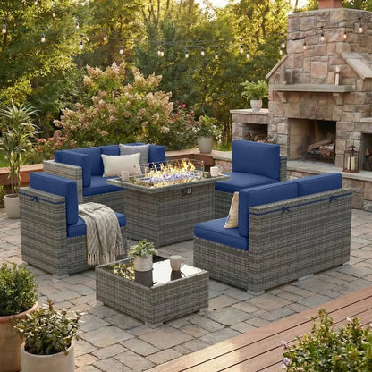 8 Pieces Patio Furniture Set with 44" Propane Gas Fire Pit Table, Outdoor Sectional Wicker Conversation Sofa Sets, Customized