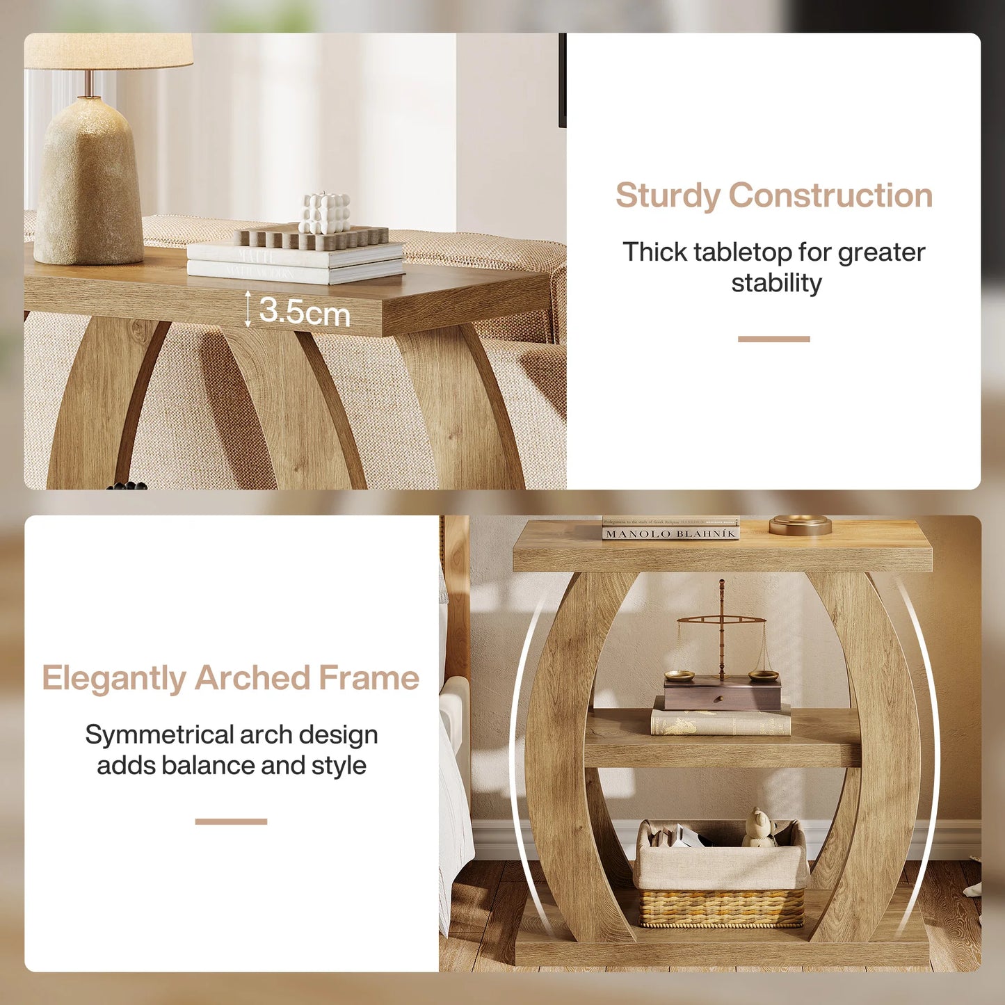 Tribesigns End Table for Living Room, 3-Tier Narrow Side Table with Storage, Farmhouse Wooden Beside Table with Geometric Frame, Tall Nightstand for Bedroom, Small Spaces, Natural Oak