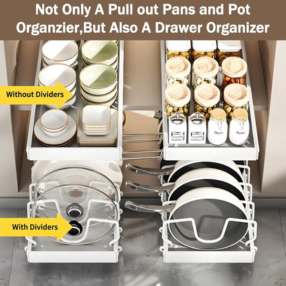 Pull-out pot rack organizer with adjustable shelves, space-saving kitchen cabinet storage