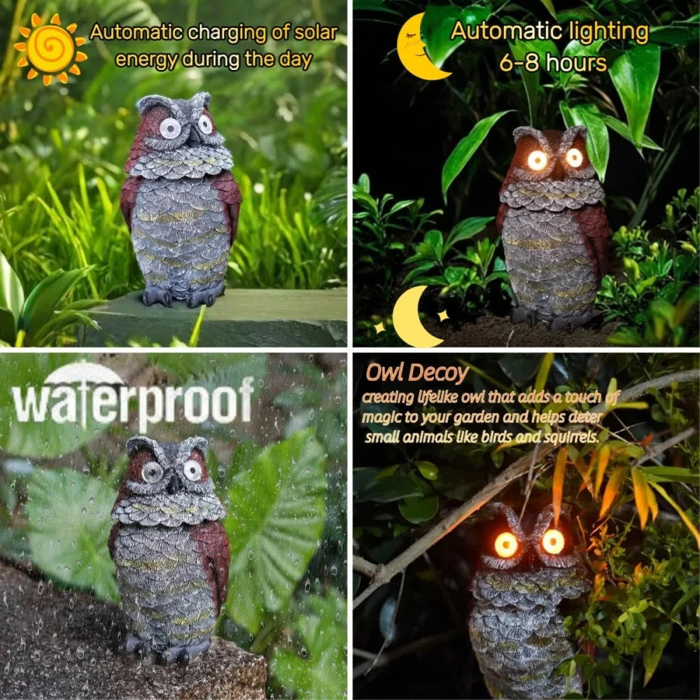 Garden Solar Owl Statue Outdoor Figurine Light Decor Glowing Eyes Spring Mounted Wobblying Head Resin Sculpture Decoration
