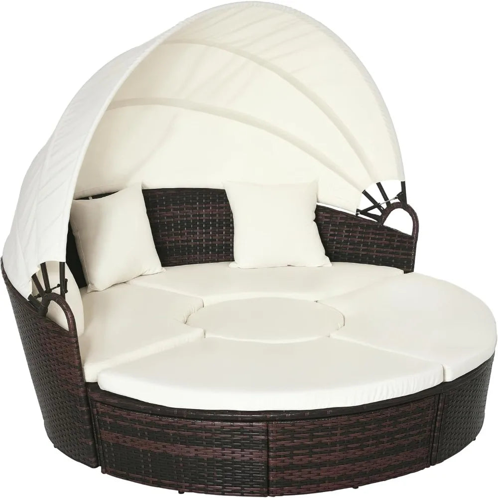 4-Piece Round Convertible Daybed with Cushions, Outdoor PE Rattan Patio Wicker Sofa Set, Sunbed with Adjustable Sun Canopy, Sec