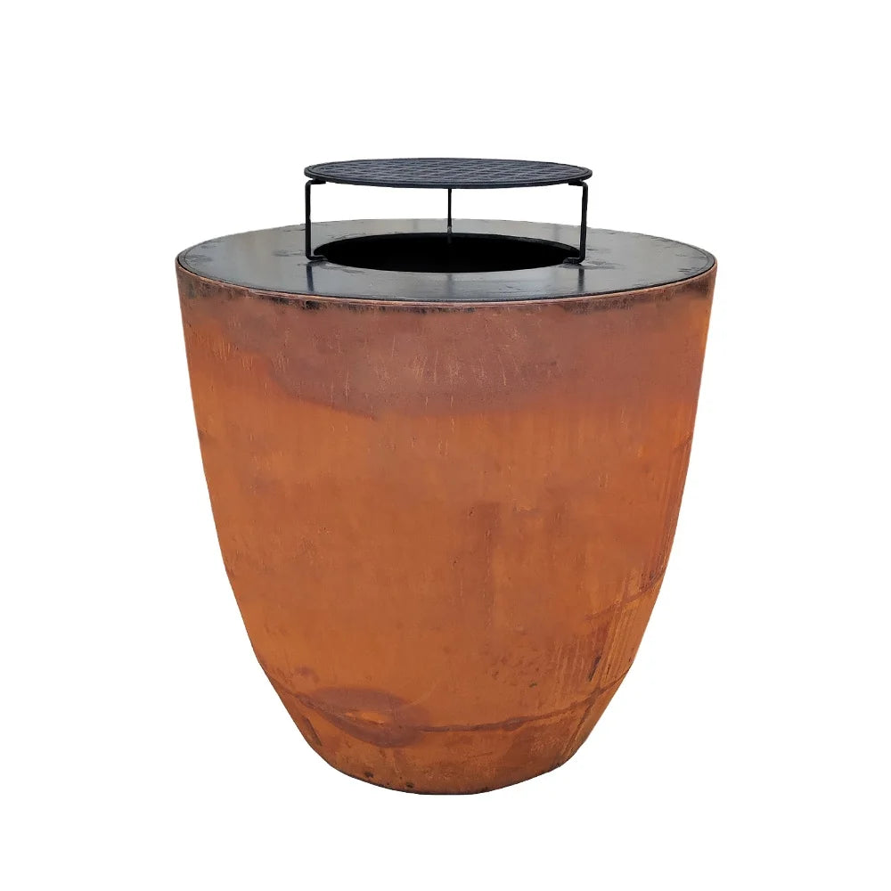 Deep Egg Shape Wood Fire Brazier With Cooking Plancha Modern Outdoor Garden BBQ Grill Corten Steel Backyard Fire Pit