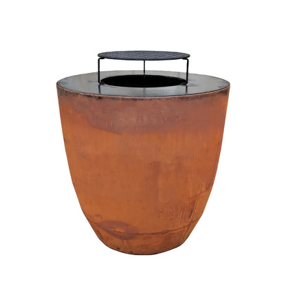 Deep Egg Shape Wood Fire Brazier With Cooking Plancha Modern Outdoor Garden BBQ Grill Corten Steel Backyard Fire Pit