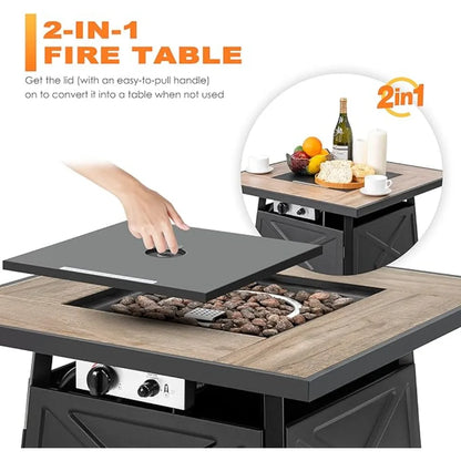 28 Inch Outdoor Propane Fire Pit Table, 50,000 BTU Square Gas Fire Table with Ceramic Tabletop, Lid, Cover, Lava Rock