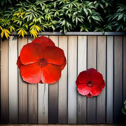 Set of 2 Giant Red Metal Poppy Flowers - Outdoor Wall/Fence Decor for Home, Garden, Spring & Summer Accents