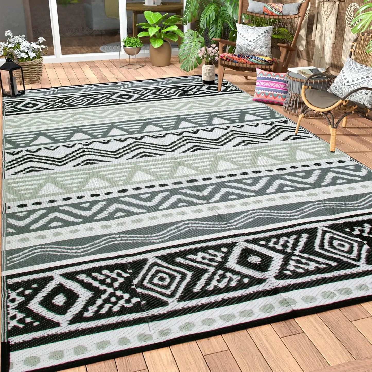 VIKAMA Outdoor Carpet Terrace Durable Machine-Washable Linen Rug Foldable Portable RV Camping Picnic Mat
