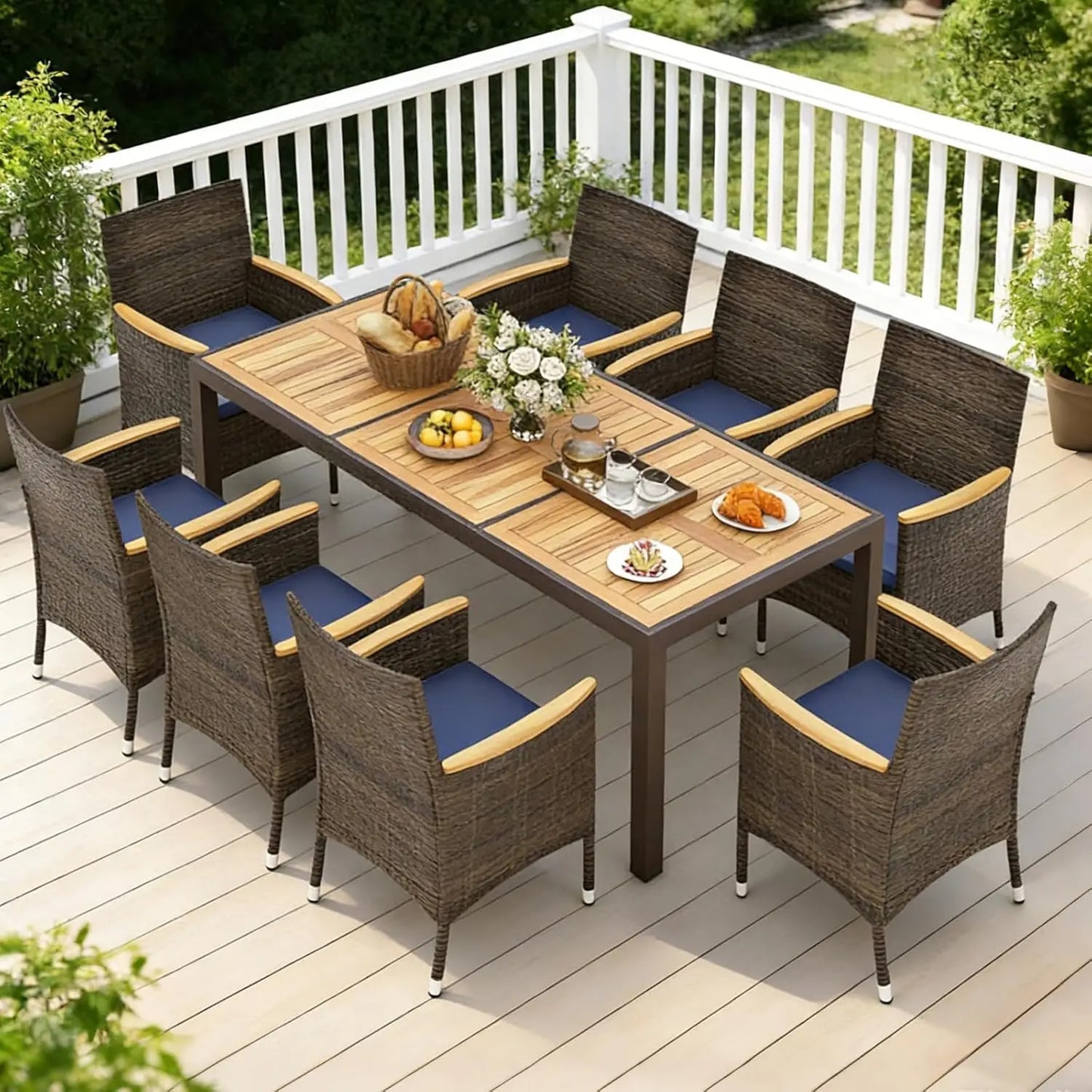 9pc Patio Dining Set Rattan Table & Chairs w/ Umbrella Hole Acacia Wood Top Backyard Balcony Poolside Navy, Custom