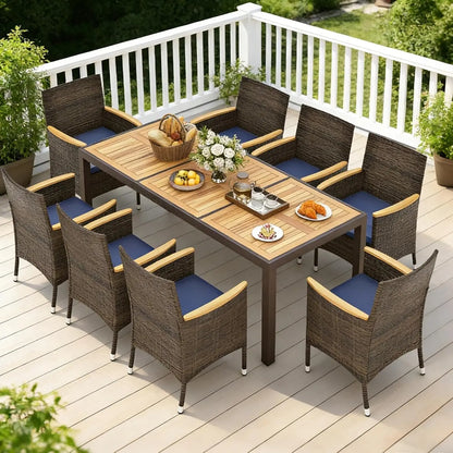 9pc Patio Dining Set Rattan Table & Chairs w/ Umbrella Hole Acacia Wood Top Backyard Balcony Poolside Navy, Custom