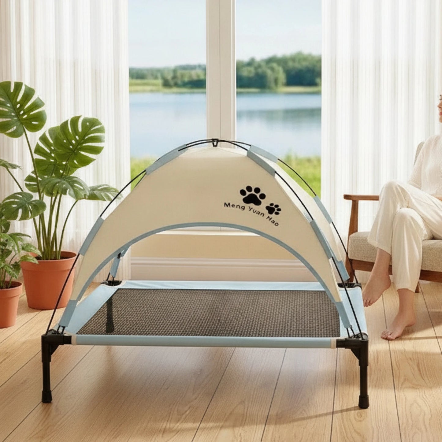 Pet Cot with Canopy Shaded Dog Bed with Sun Shade Tent Raised Dog Bed with Canopy Breathable for Pets, Backyard, Camping