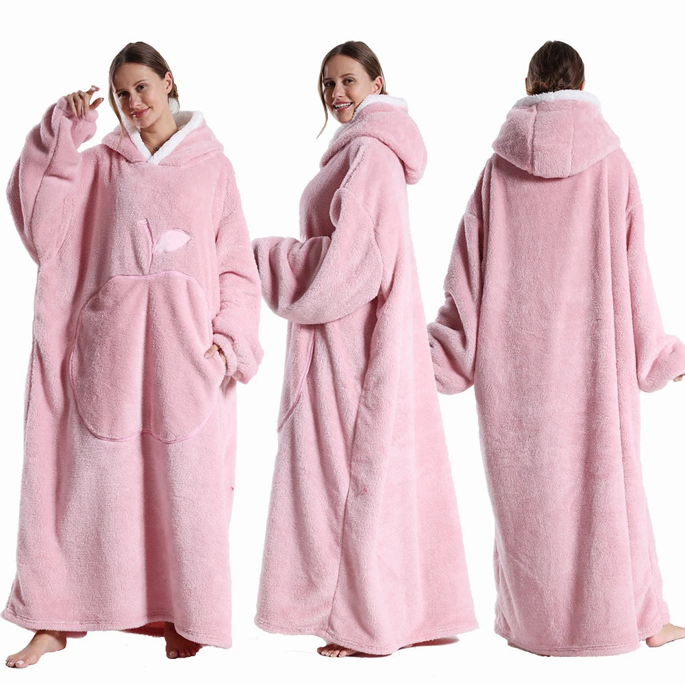 Winter Hooded Sweater Blanket Women Oversized Fleece Blanket With Sleeves Large Pocket Warm Thick TV Hoodie Robe Couple