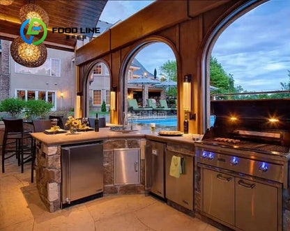 customize Outdoor Kitchen Island Modular Units Stainless Steel Gas Grill Sink Drawers Weather Resistant Patio Design