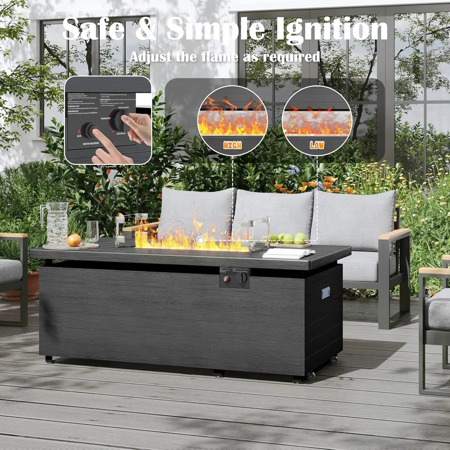51in Rectangle Propane Fire Pit Table 50000BTU Sliding Tank Holder Glass Wind Guard Removable Lid CSA Certified Gray Customized