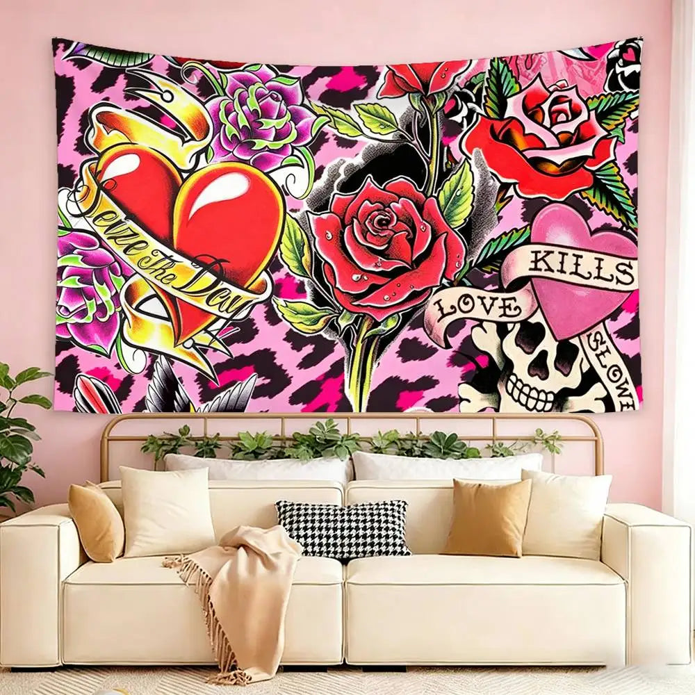 pink ed hardy wallpaper  Flags Wall Hanging Tapestry Outdoor Garage Room Decorative flag Background Blanket