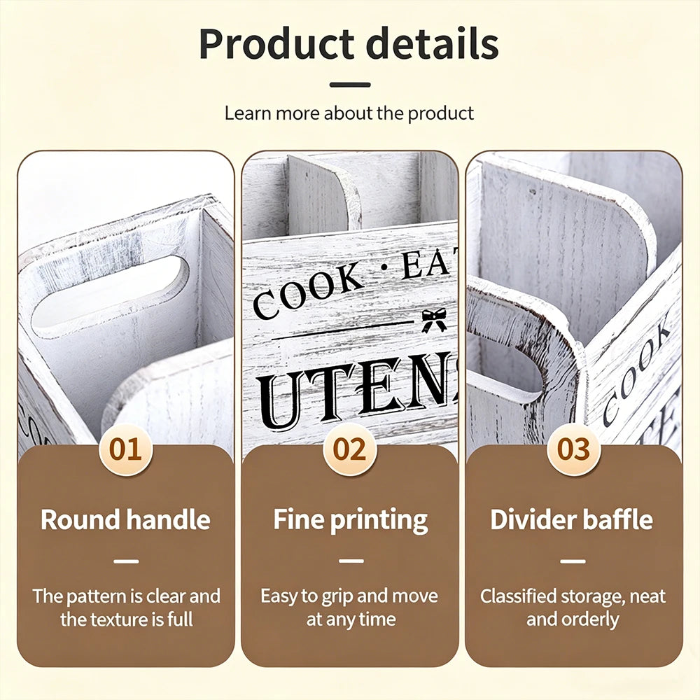 Rustic Wooden Kitchen Utensil Holder - 3-Compartment Countertop & Wall-Mounted Organizer for Spoons Whisks & More Space-Saving