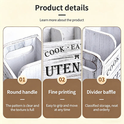 Rustic Wooden Kitchen Utensil Holder - 3-Compartment Countertop & Wall-Mounted Organizer for Spoons Whisks & More Space-Saving