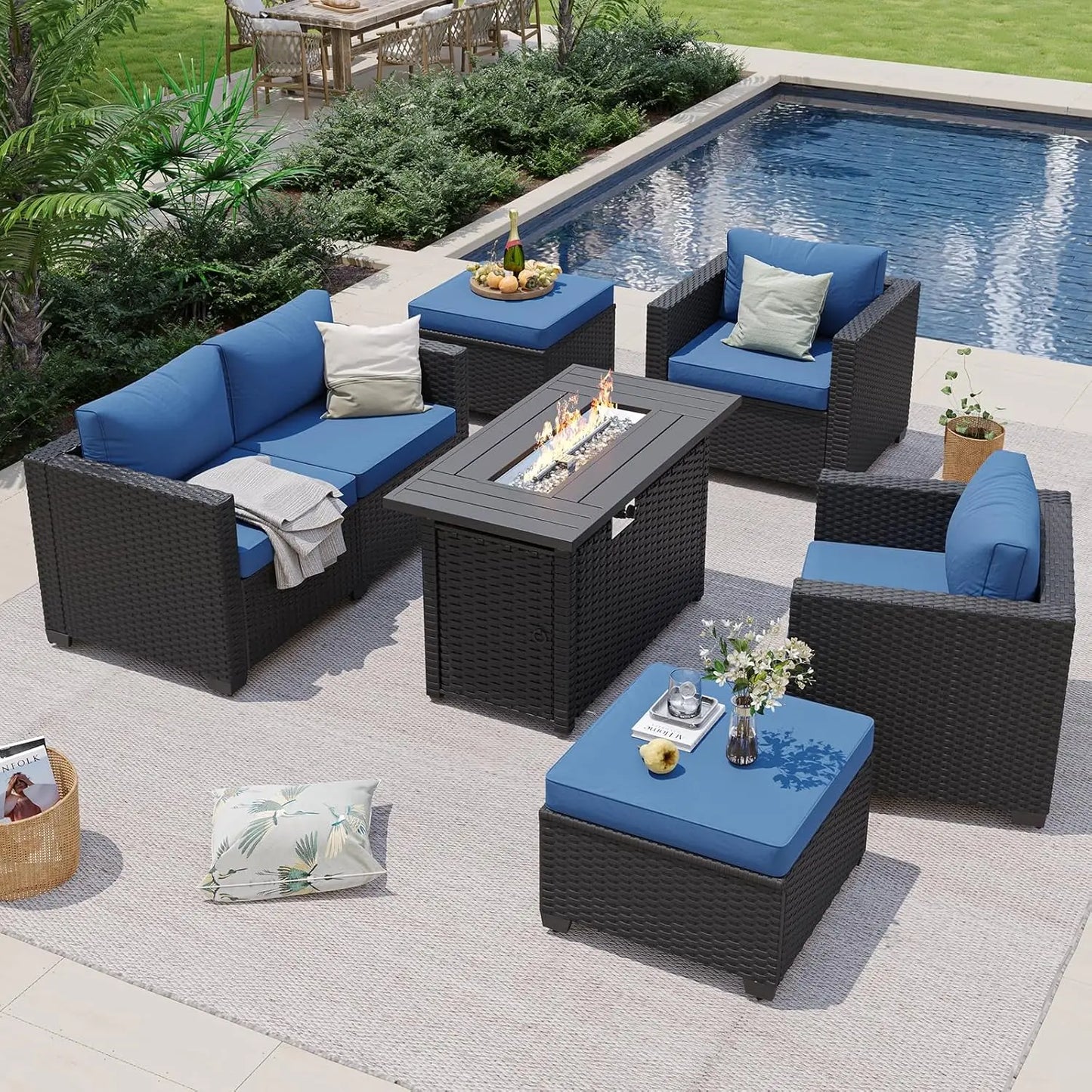 #7pc Patio Set Fire Pit Table Wicker Ottomans Rattan Sectional Cushions Cover Navy, Customized