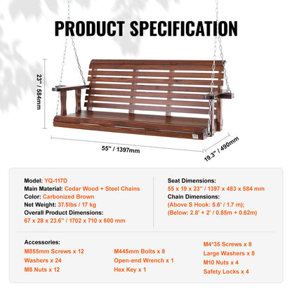 SucceBuy Wooden Porch Swing 5 ft Patio bench swing for Courtyard Garden Upgraded 880 lbs Strong Load Capacity Swing Chair Bench