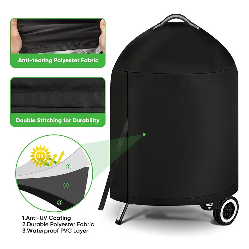 210D Cloth Cylindrical BBQ Cover With Top Handle,Outdoor Oven Cover PU Waterproof Coating Protection Hood Round Grill Cover