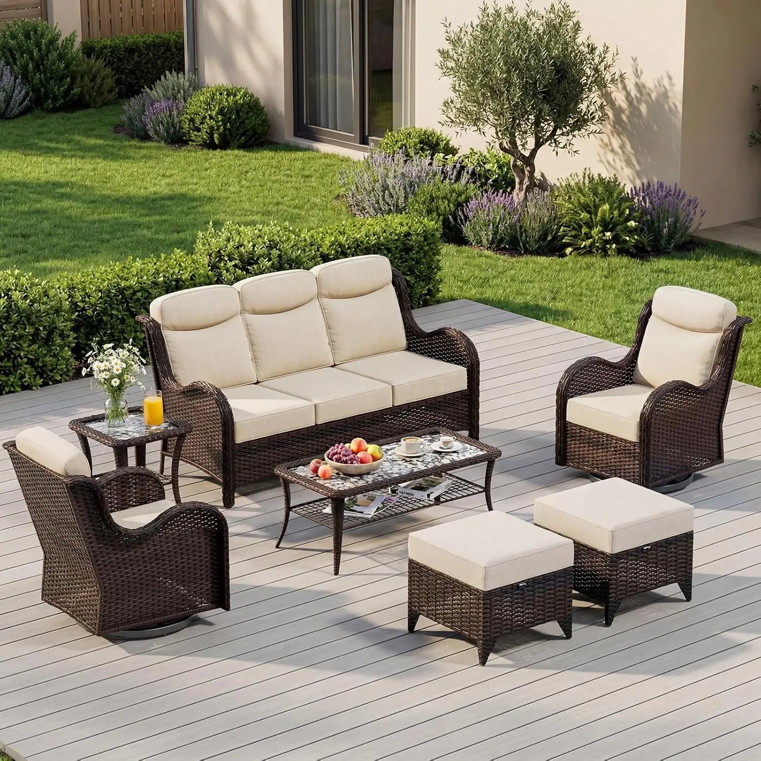 7 Pieces Outdoor Patio Furniture Set with 5" Thick Cushions, Weather-Resistant Wicker High Back Swivel Rocker, Customized