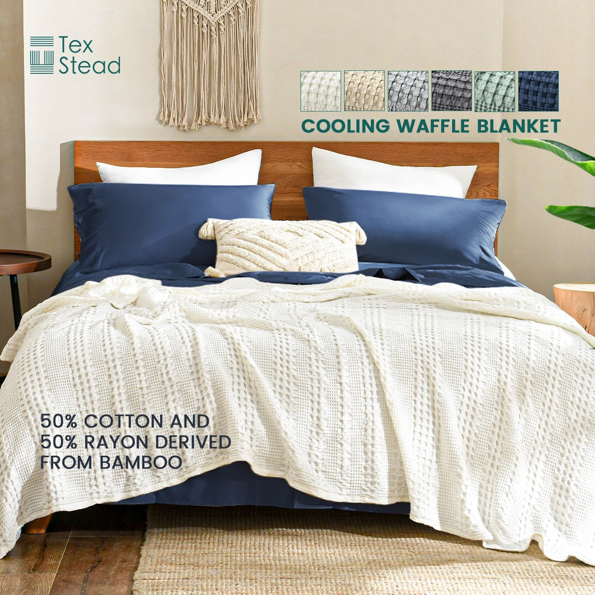Bamboo Cotton Waffle Cooling Blanket, 50% Bamboo 50% Cotton Summer Throw, Lightweight Breathable for Hot Sleepers, Solid Color