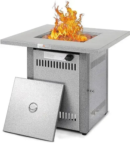 L # Wicker &Rattan Square Propane Fire Pit Table, Outdoor Dinning Gas Fire Table With Lid, Lava Stone, ETL Certification