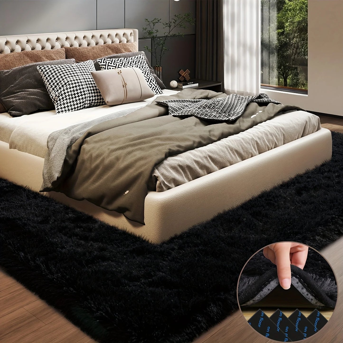 Large plush area rug, decorative rug for living room, super soft and fluffy plush rug for bedroom, home decor rug, black