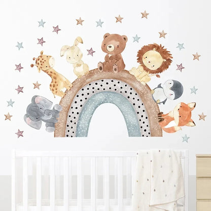 Forest Animals Rainbow Wall Stickers for Kids Rooms Children Boys Girls Baby Room Decoration Nursery Wallpaper Giraffe Elephant