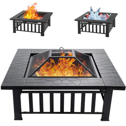 32 Inch Fire Pit, Square Outdoor Fire Pit Table with Spark Screen & Fire Poker, 3-in-1 Multipurpose Firepits for Outside