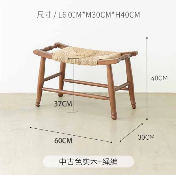 Vintage Woven Solid Wood Shoe Bench Multi-Purpose Storage Seat Rustic Woven Stool for Home Entryway Bedside Footrest