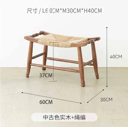 Vintage Woven Solid Wood Shoe Bench Multi-Purpose Storage Seat Rustic Woven Stool for Home Entryway Bedside Footrest