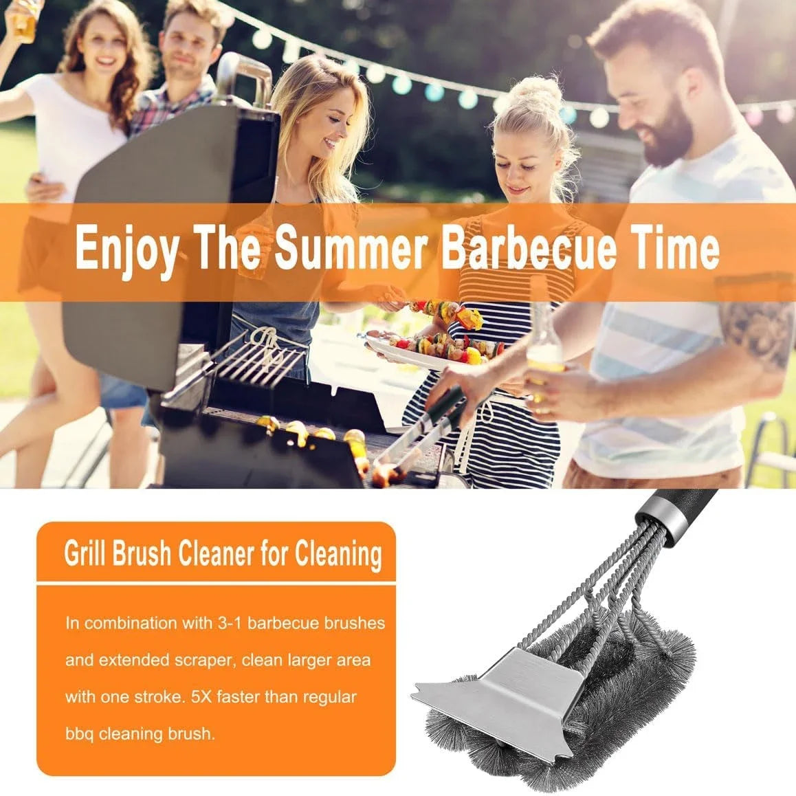 Stainless steel grill cleaning brush, outdoor BBQ grill wire brush with scraper, grill accessories, picnic tools