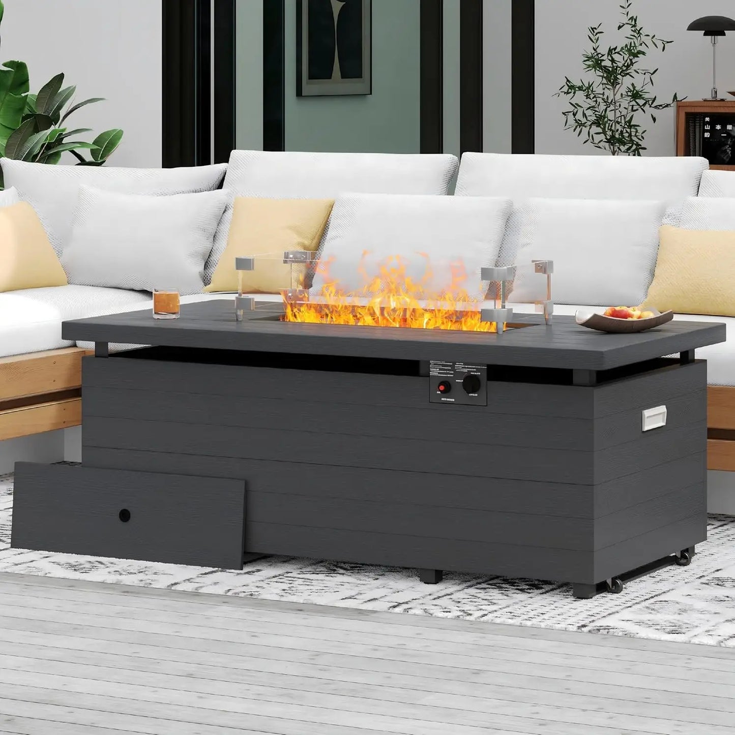 51in Rectangle Propane Fire Pit Table 50000BTU Sliding Tank Holder Glass Wind Guard Removable Lid CSA Certified Gray Customized