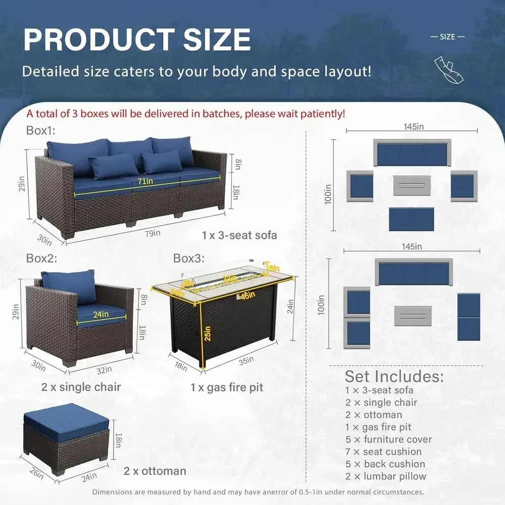 6-Piece Outdoor Patio Furniture Set with 45 Propane Fire Pit, Navy Blue Wicker Sofa, Non-Slip Cushions, Waterproof Covers