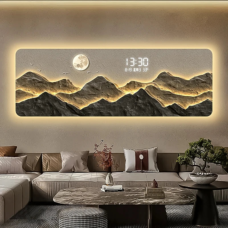 High end living room decoration painting, LED digital electronic clock, mountain back atmosphere light hanging painting