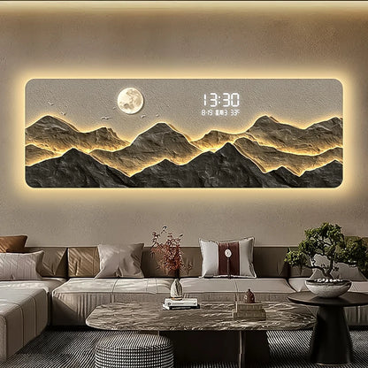 High end living room decoration painting, LED digital electronic clock, mountain back atmosphere light hanging painting