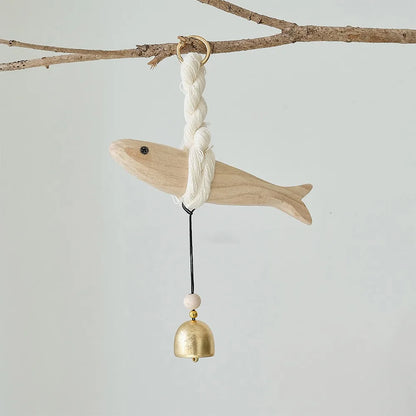Creative Handmade Wood Fish Door Bell Hand Carved Lightweight Fish Wall Decoration Rustic Lucky Fish Door Chimes Living Room