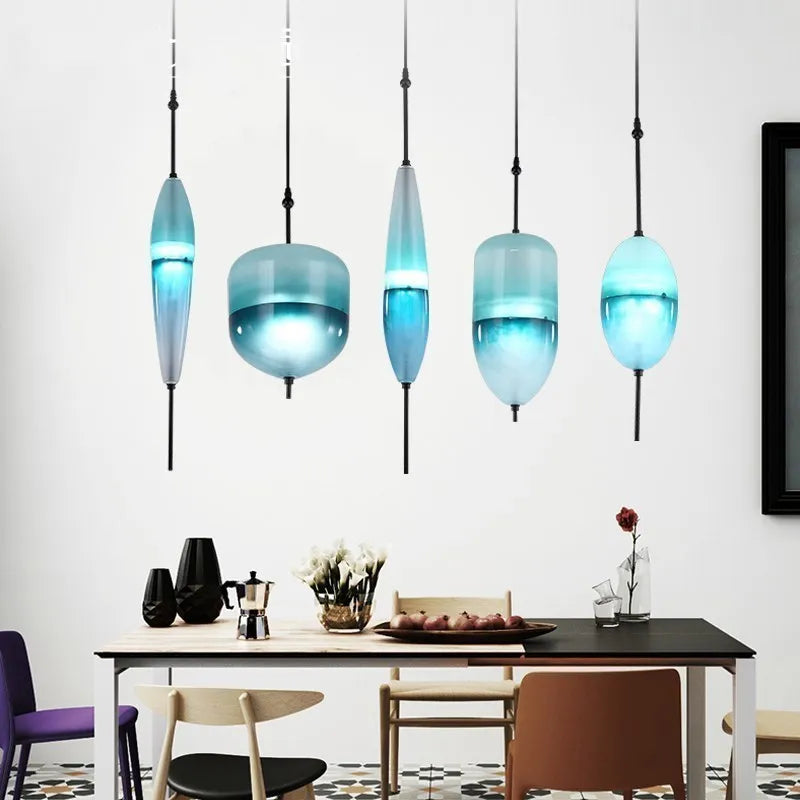 Simple Lake Blue Gradient Glass Pendant Lamp Designer Model Room Bedroom Restaurant Bar LED Chandelier Home Decor Light