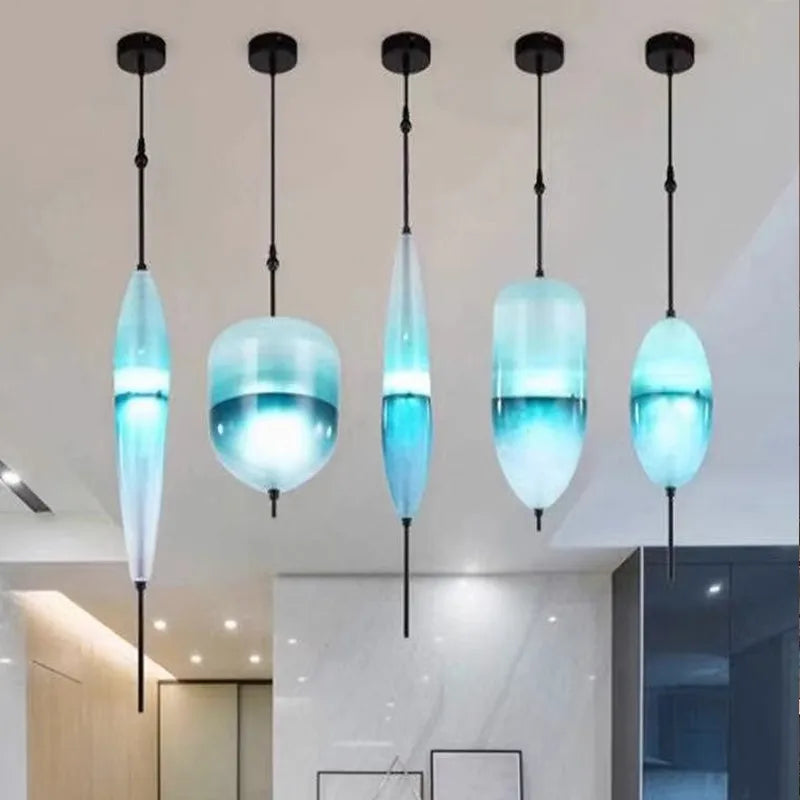 Simple Lake Blue Gradient Glass Pendant Lamp Designer Model Room Bedroom Restaurant Bar LED Chandelier Home Decor Light