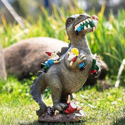 17CM Dinosaur vs Gnome Resin Statue Handmade Fantasy Sculpture Outdoor Garden Art Office Desk Decor Humorous Craft Figurine