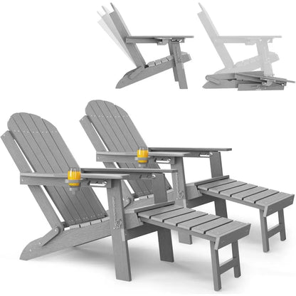 Weather-Resistant HDPE 2-Piece Adirondack Set, Adjustable Backrest, Ottoman & Cup Holder for Outdoor Patio/Porch/Fire Pit