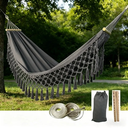 Outdoor Fringed Canvas Hammock - Portable Anti-slip Fringed Hammock for Camping - Bohemian Style Outdoor Camping Hammock