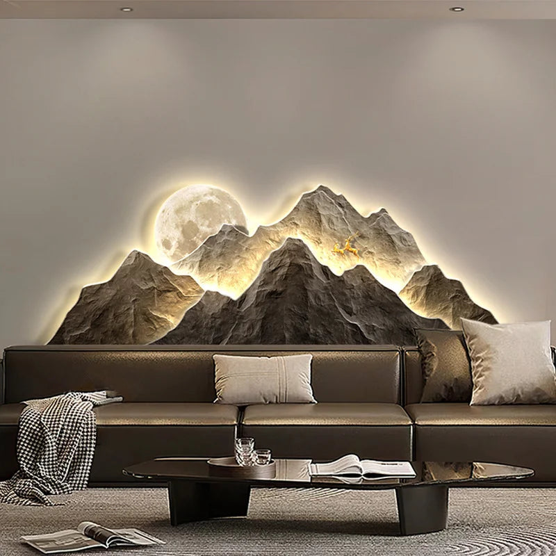 Modern Living Room Background Wall Lamp Mountains Full Moon Sconce Arts Prints Posters Lighting Bedside Mural Lamp Home Decor