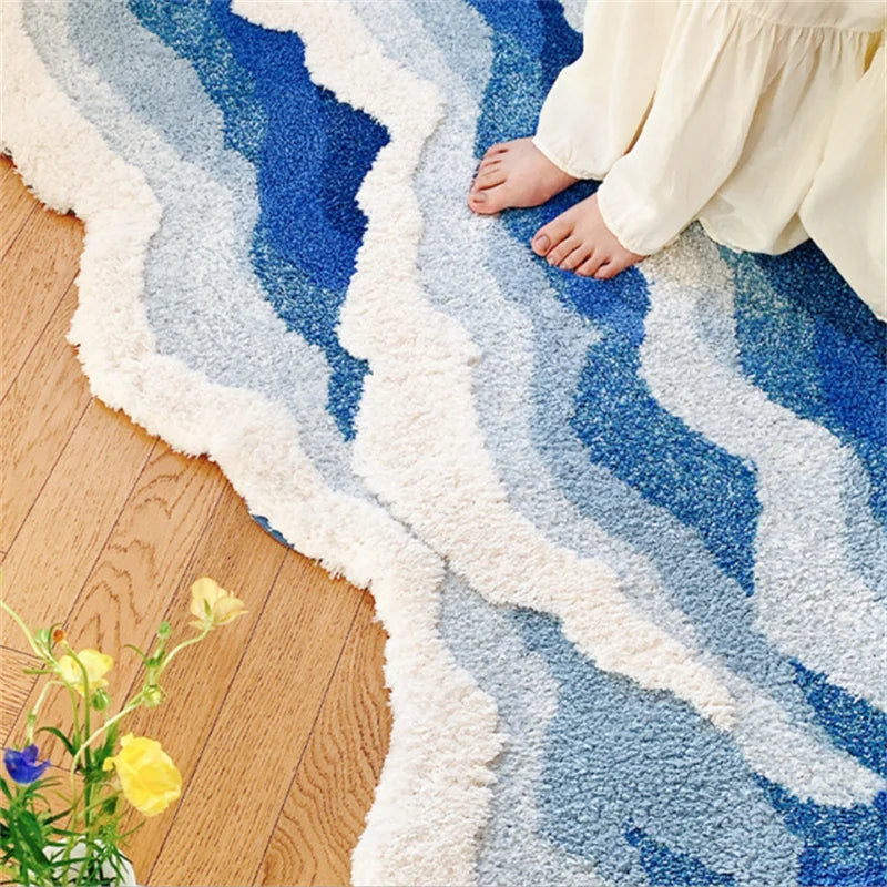 50x120cm Ocean Wave Soft Plush Runner Rug Blue White Gradient Tufted Floor Mat for Bedroom Living Room Home Decor
