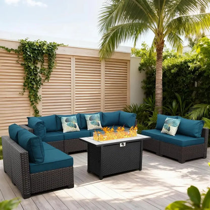 9-Piece Outdoor Wicker Patio Furniture Set with Sectional Sofa, Peacock Blue Cushions, and 45 Gas Fire Pit Table