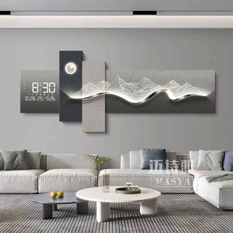 Modern Living Room Decoration Painting With Mountain Backed Led Clock Wall Lamp Painting Sofa Background Wall Hanging Painting