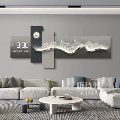 Modern Living Room Decoration Painting With Mountain Backed Led Clock Wall Lamp Painting Sofa Background Wall Hanging Painting
