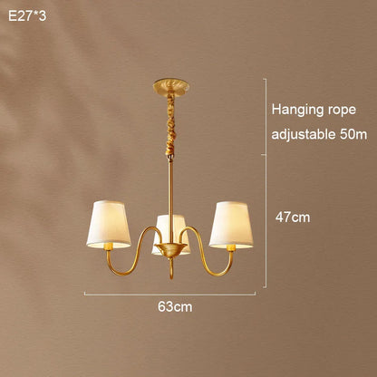 Medieval Living Room Copper Chandelier Retro Dining Room Modern Luxury Fabric Hanging Lamp Bedroom Simple Pendant Lighting