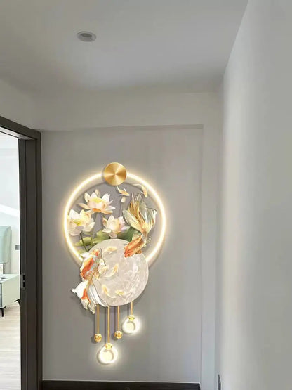Koi Carp Living Room  Study Room  Bedroom Decoration  Painting Lamp  Lotus Corridor  Hanging Painting Of Nine Fish Wall Lamp LED