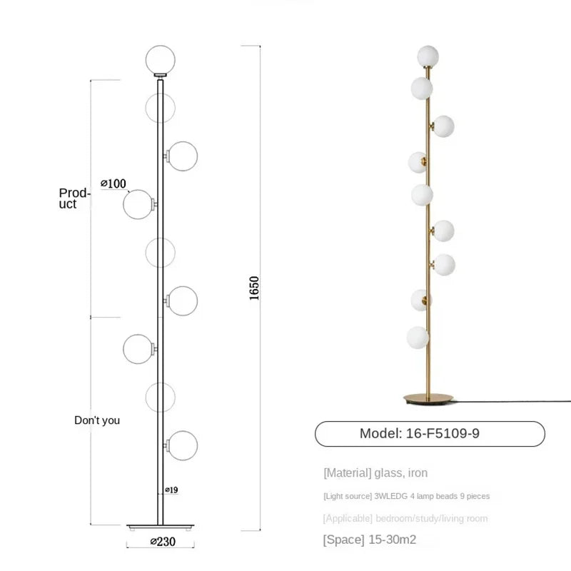 Living room Floor Lamp Magic Beans Glass Round Ball Bedside Standing Light H165cm 9 Heads Lighting Fixture for Home Indoor Decor